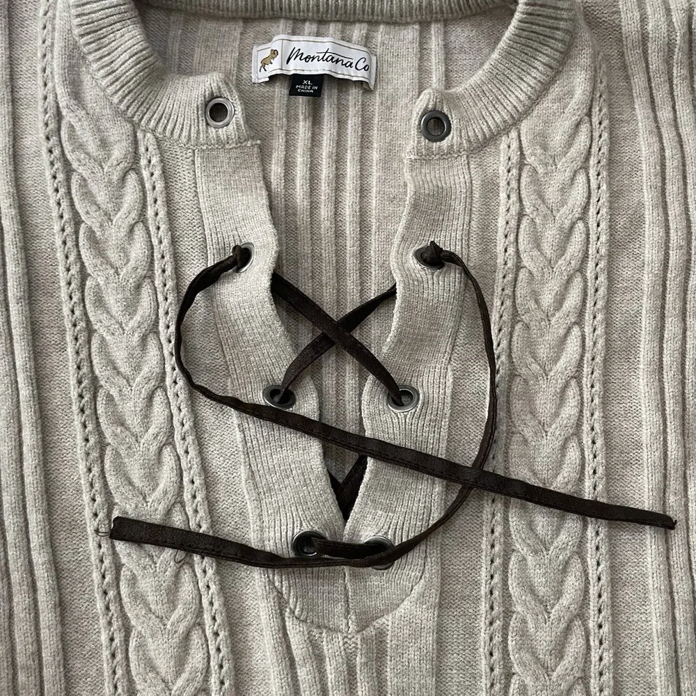 Montana Co Sweater Women's XL Off White‎ Cable knit Warm Western Lace Up